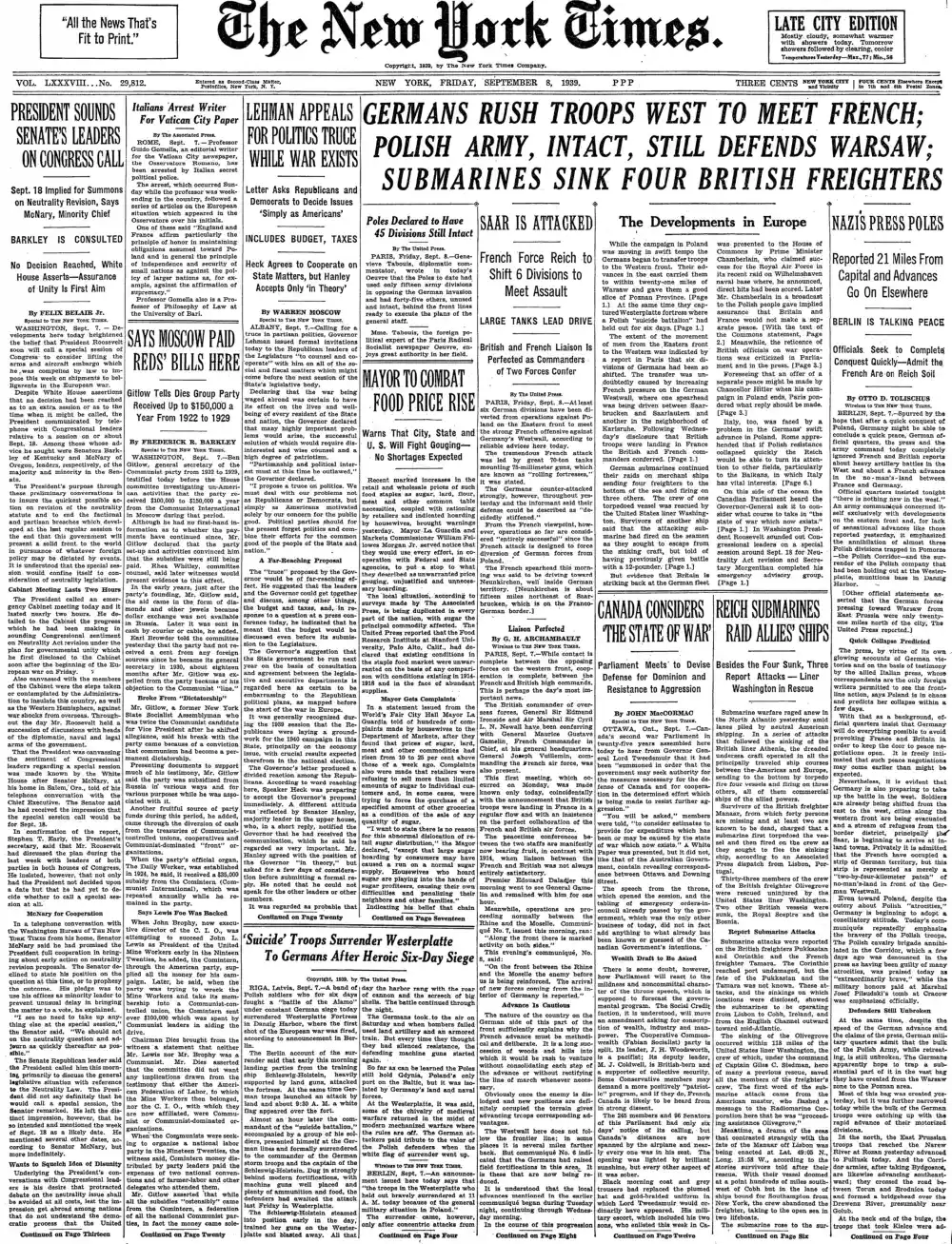 Friday, September 8, 1939 – The New York Times Front Page