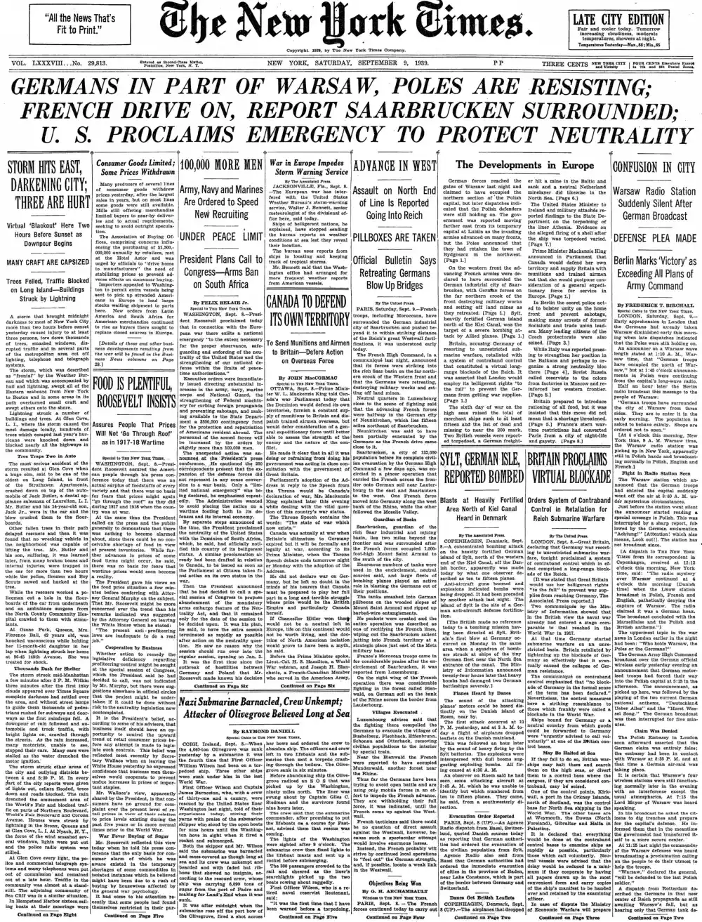 Saturday, September 9, 1939 – The New York Times Front Page