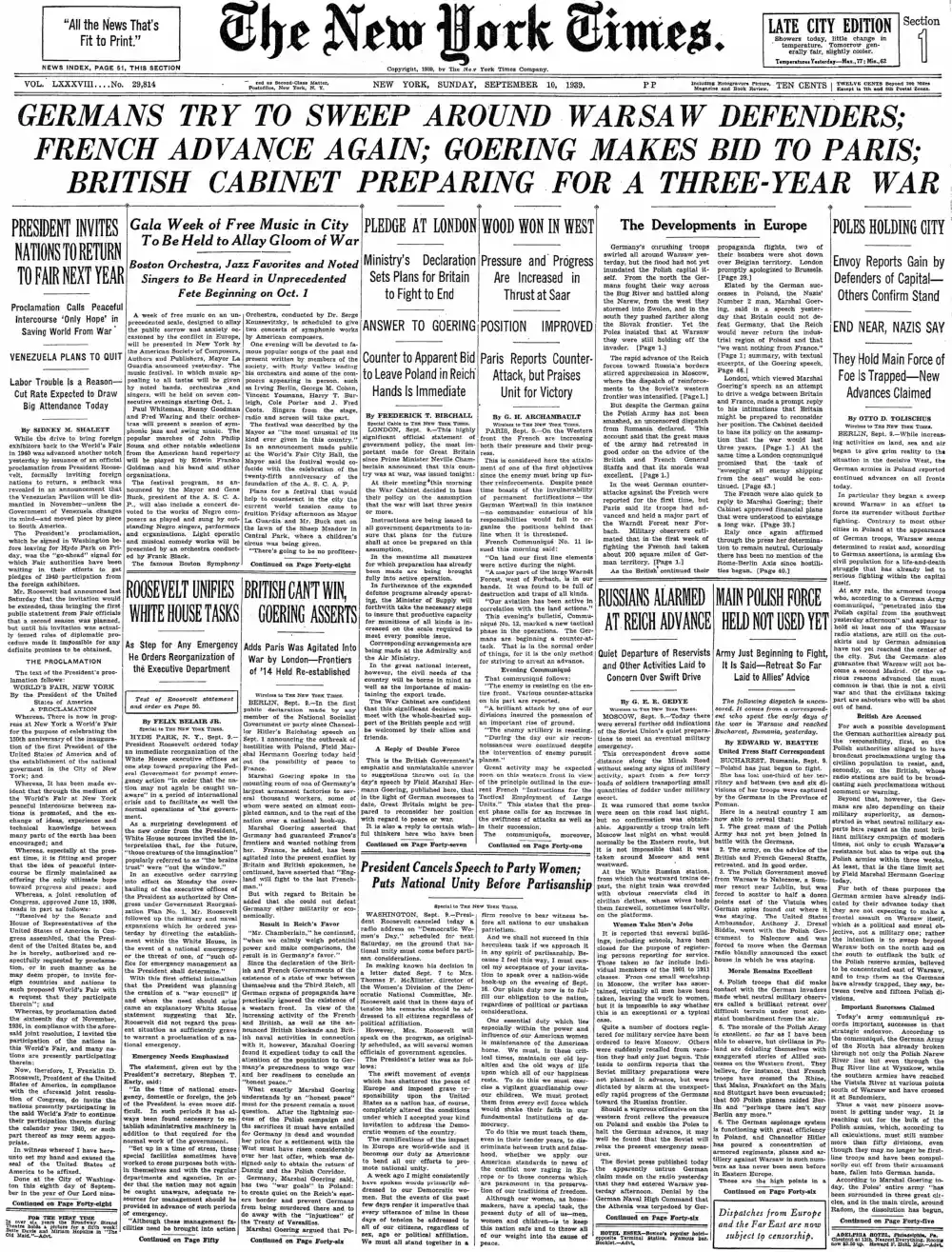 Sunday, September 10, 1939 – The New York Times Front Page