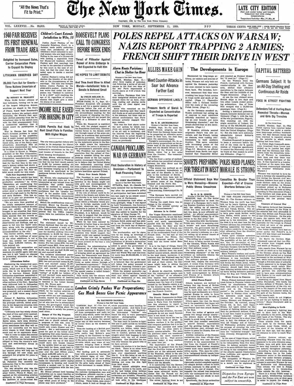 Monday, September 11, 1939 – The New York Times Front Page