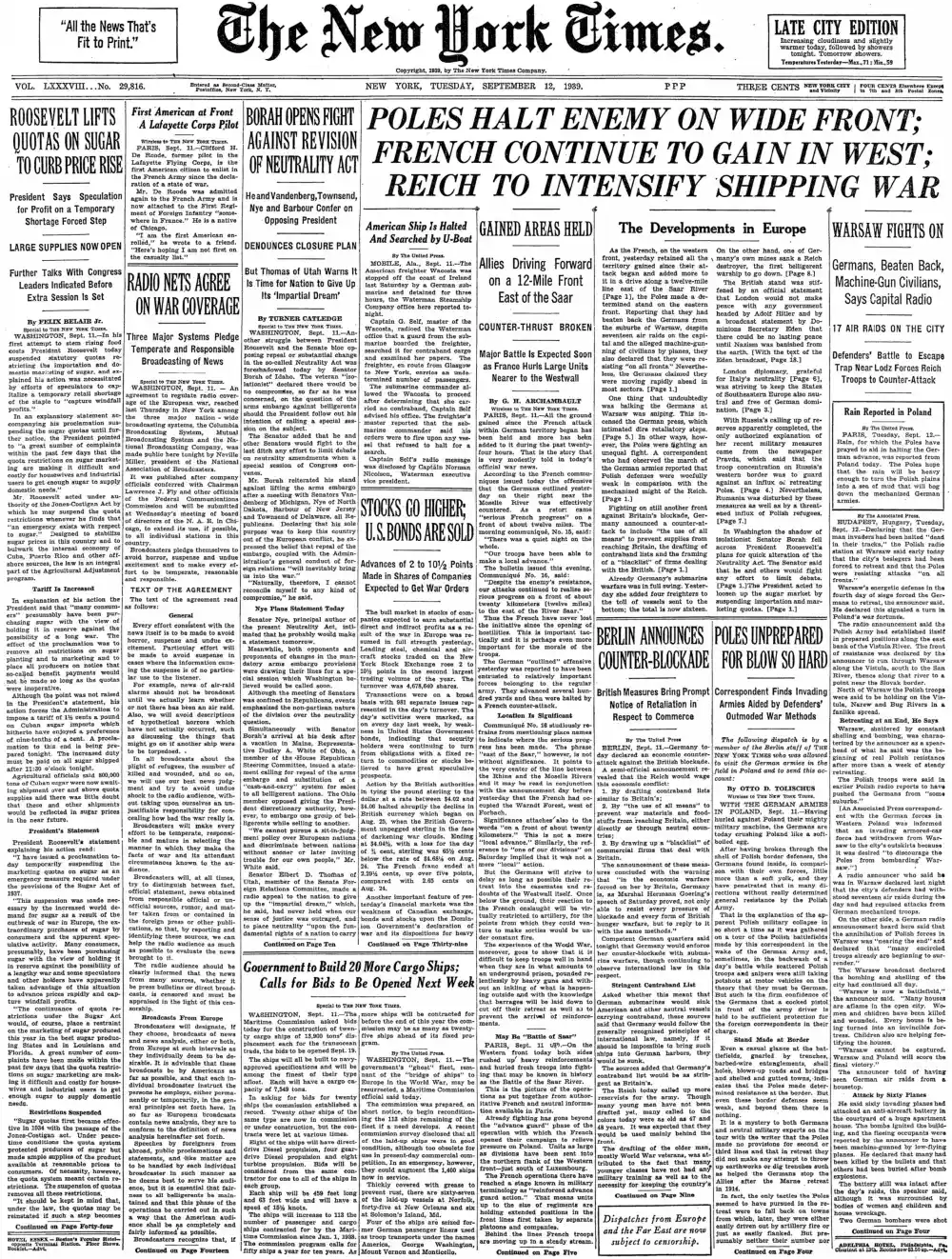Tuesday, September 12, 1939 – The New York Times Front Page