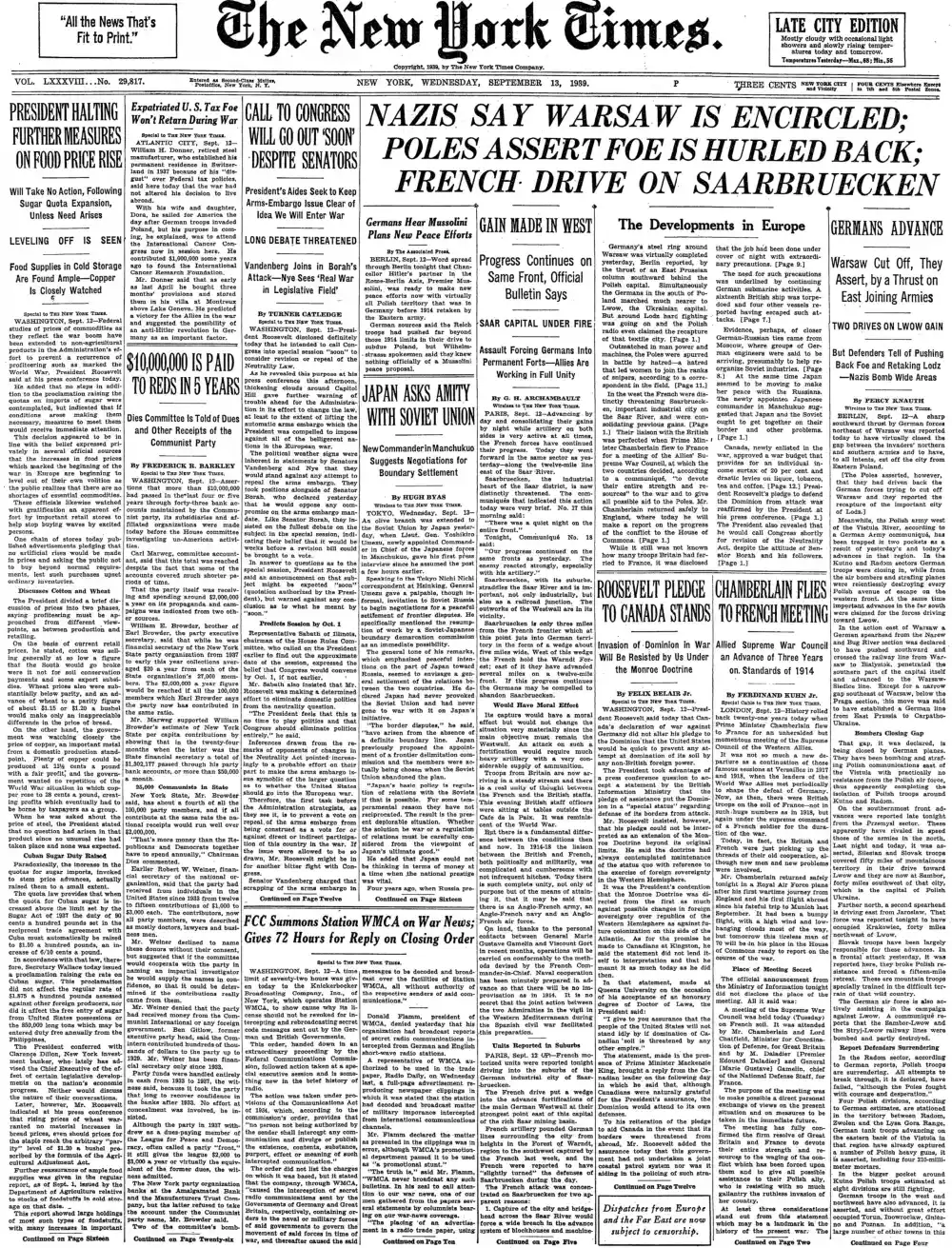 Wednesday, September 13, 1939 – The New York Times Front Page