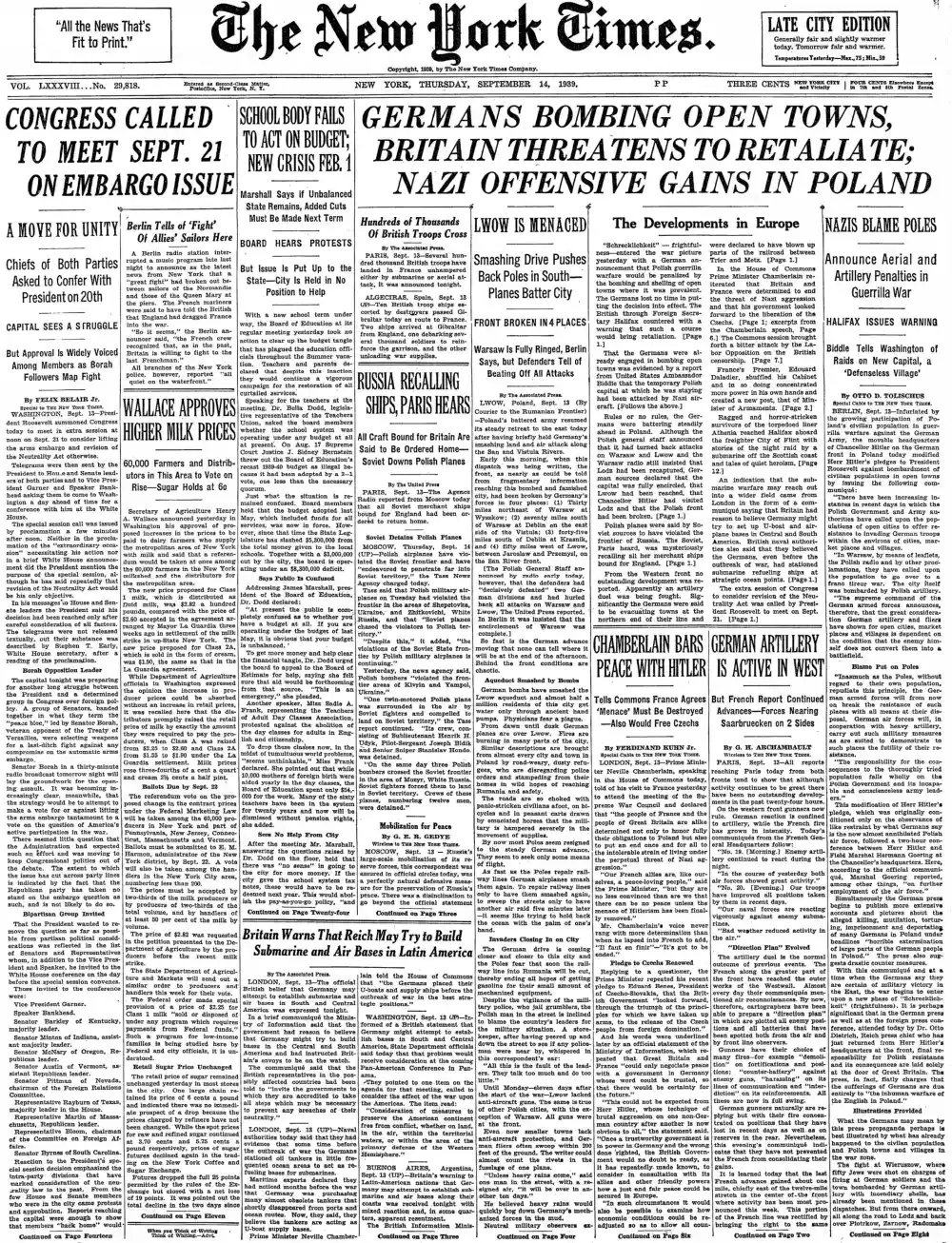 Thursday, September 14, 1939 – The New York Times Front Page