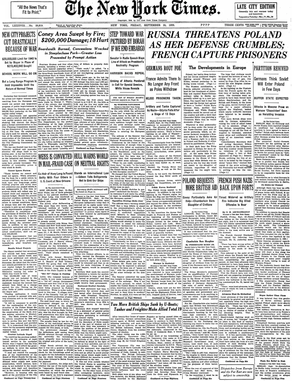 Friday, September 15, 1939 – The New York Times Front Page