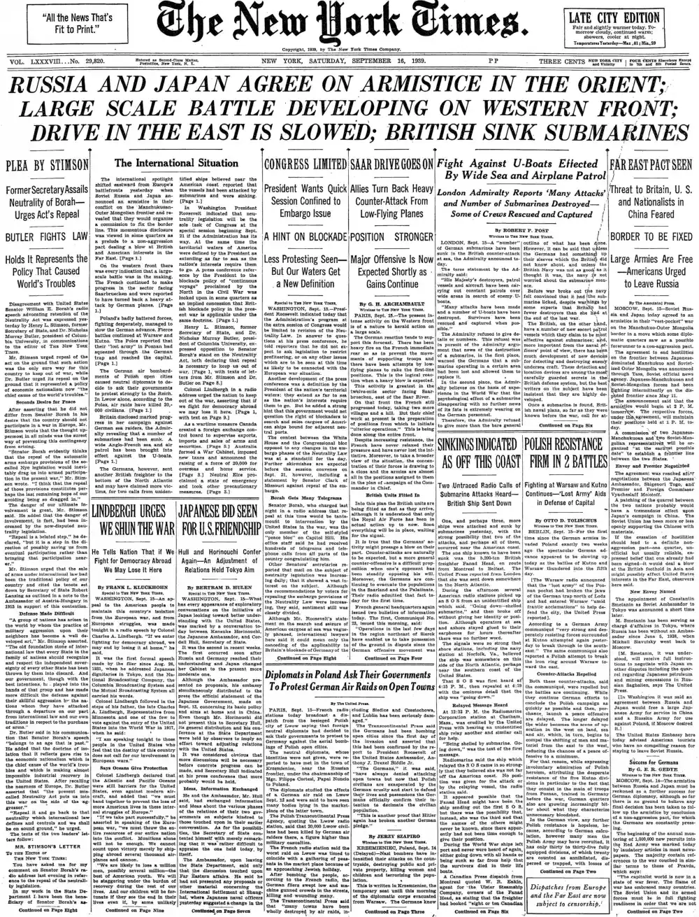 Saturday, September 16, 1939 – The New York Times Front Page
