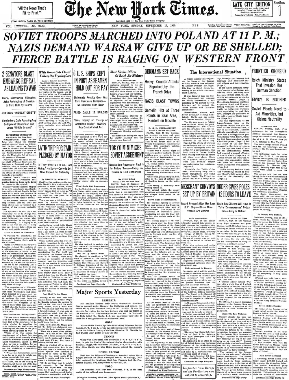 Sunday, September 17, 1939 – The New York Times Front Page