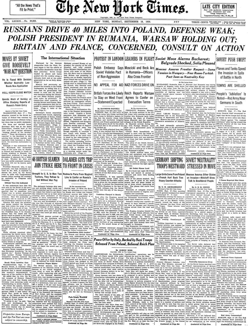 Monday, September 18, 1939 – The New York Times Front Page