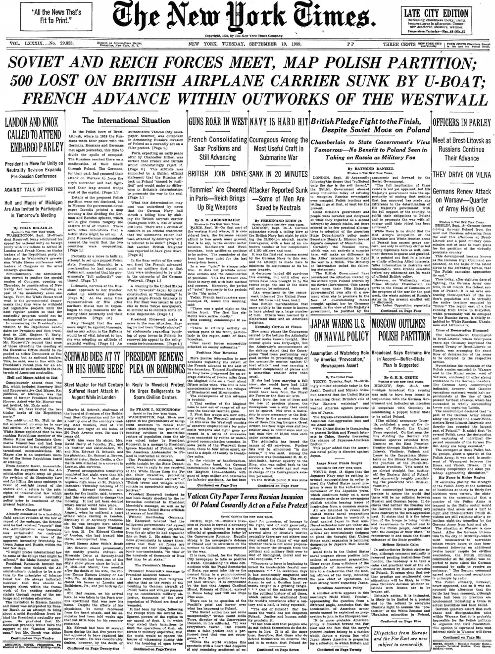 Tuesday, September 19, 1939 – The New York Times Front Page
