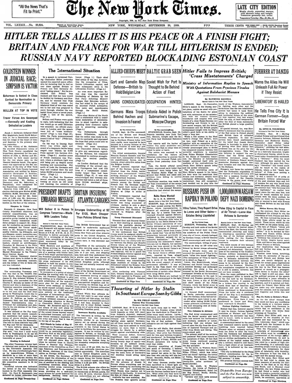 Wednesday, September 20, 1939 – The New York Times Front Page