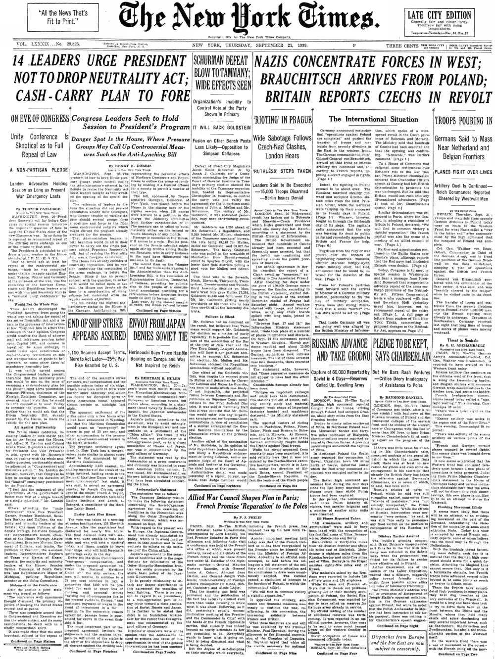 Thursday, September 21, 1939 – The New York Times Front Page