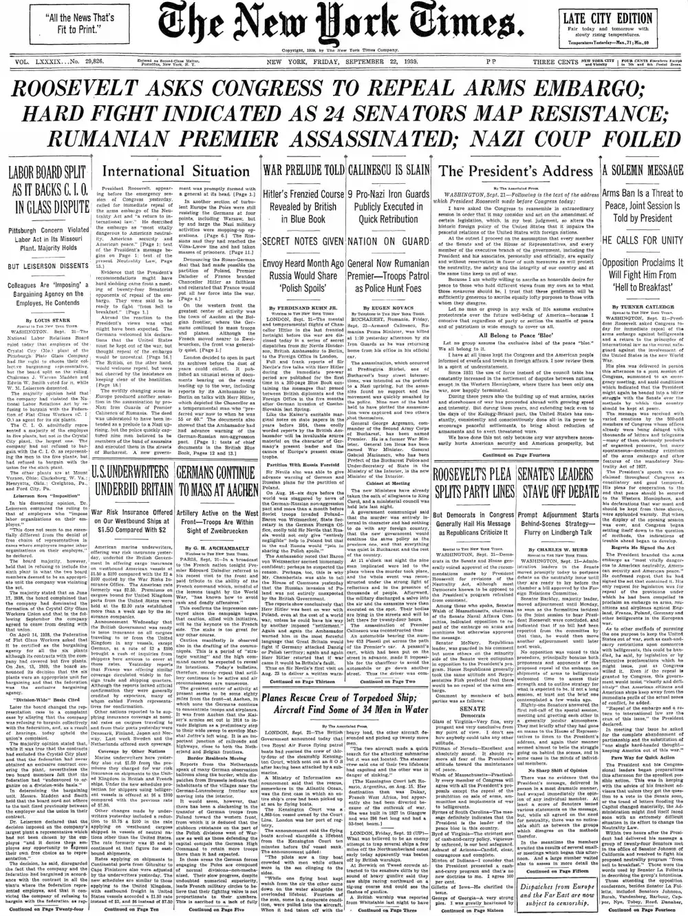 Friday, September 22, 1939 – The New York Times Front Page