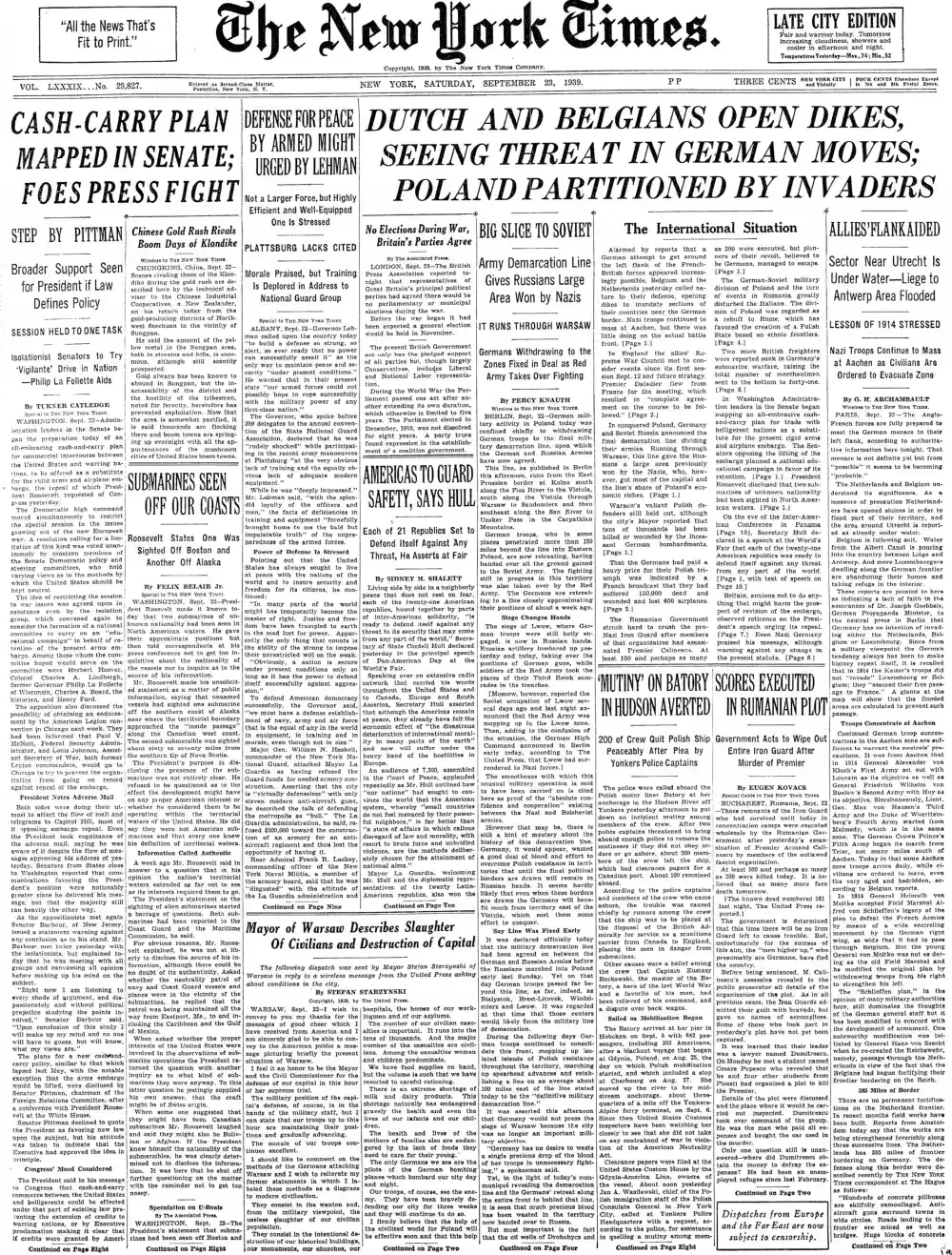 Saturday, September 23, 1939 – The New York Times Front Page