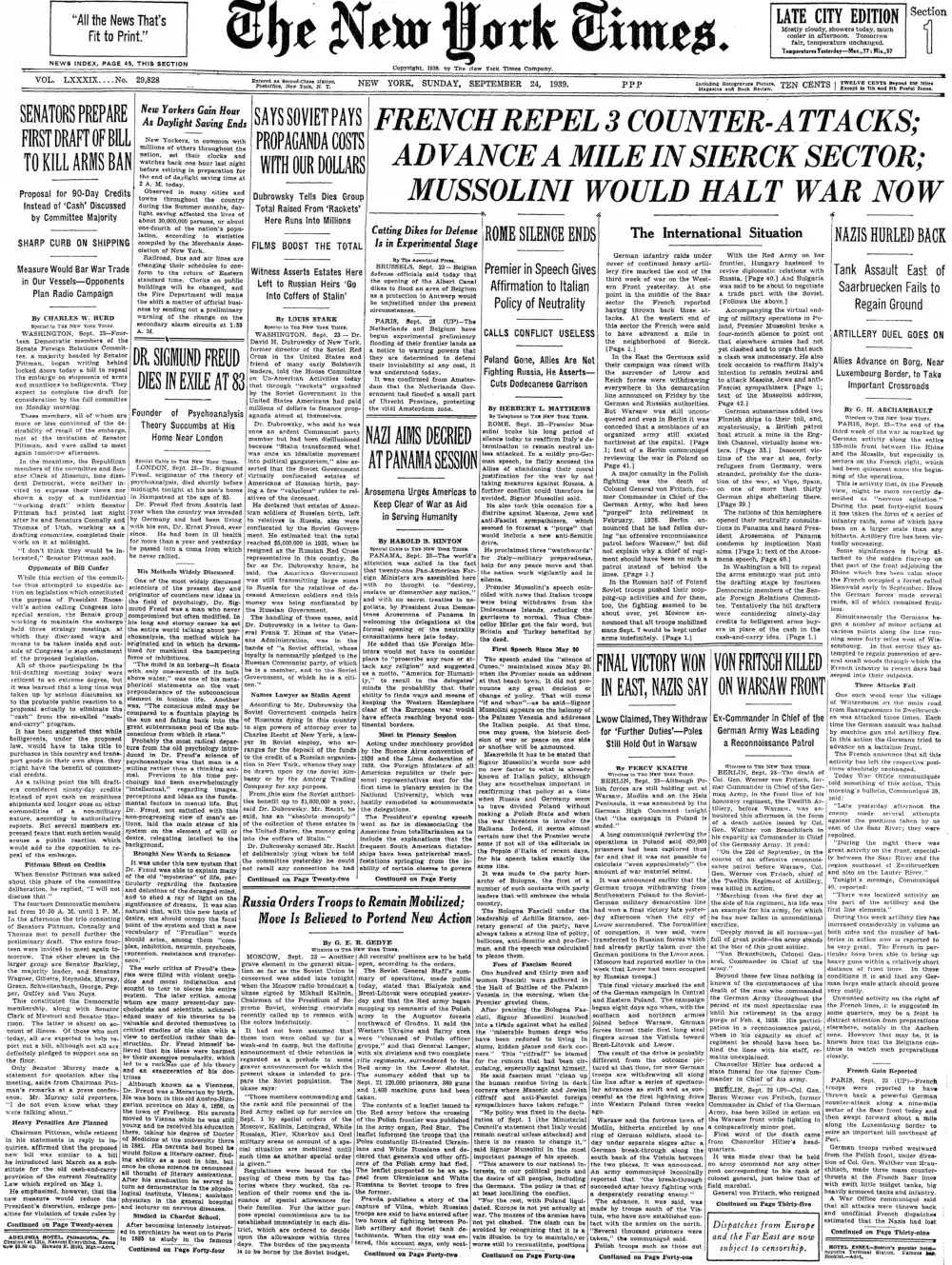 Sunday, September 24, 1939 – The New York Times Front Page