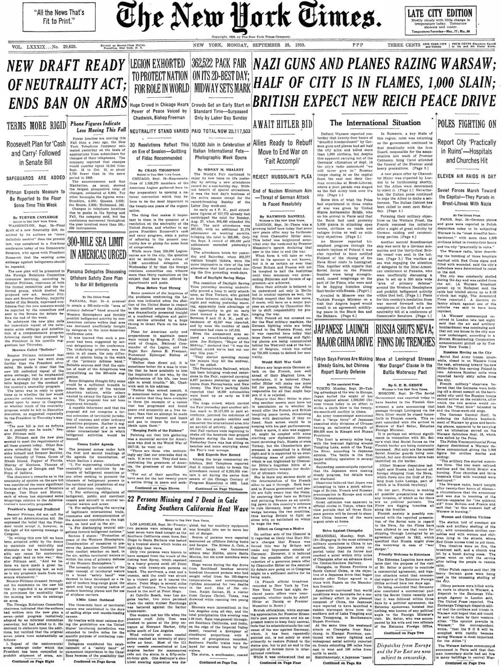 Monday, September 25, 1939 – The New York Times Front Page