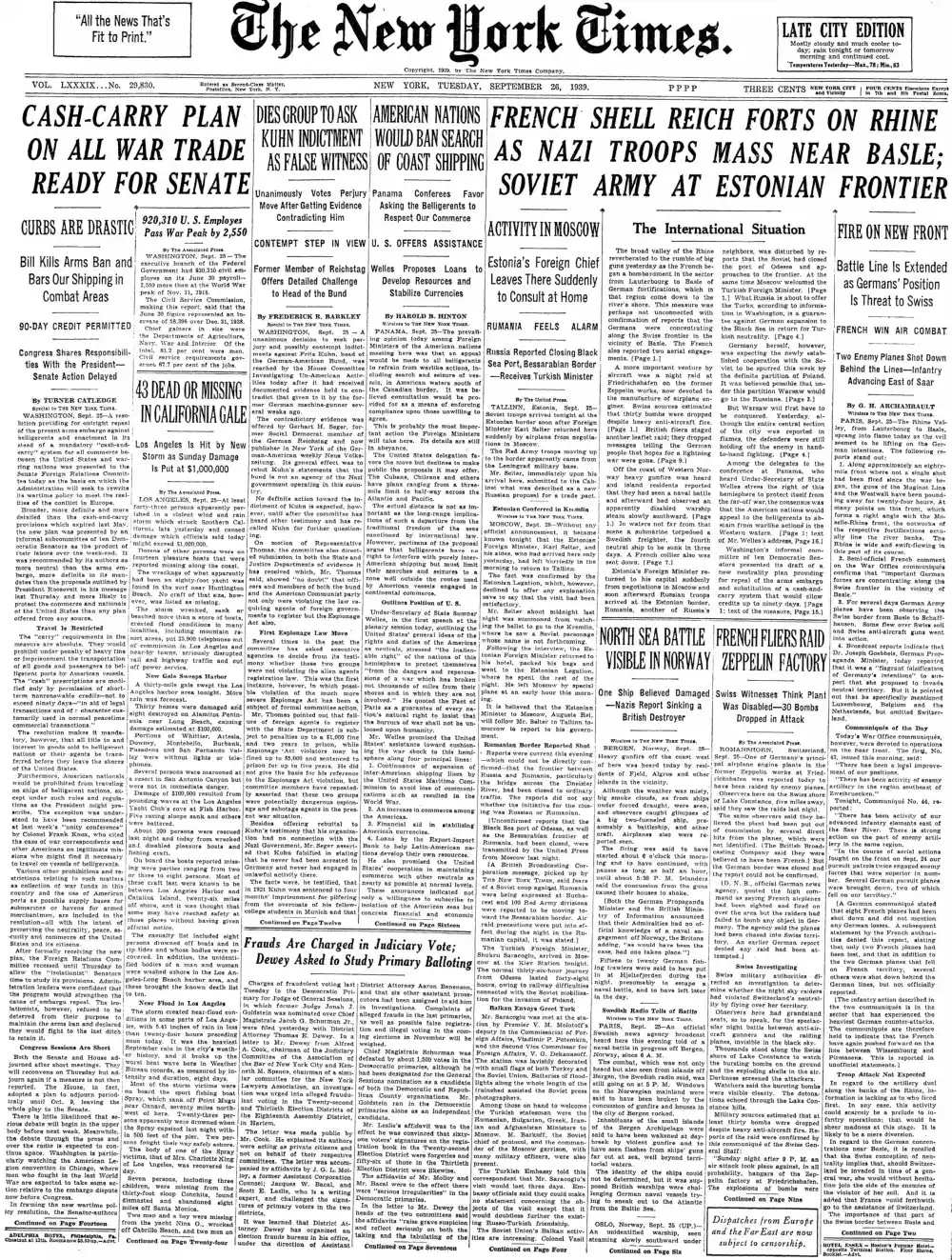 Tuesday, September 26, 1939 – The New York Times Front Page