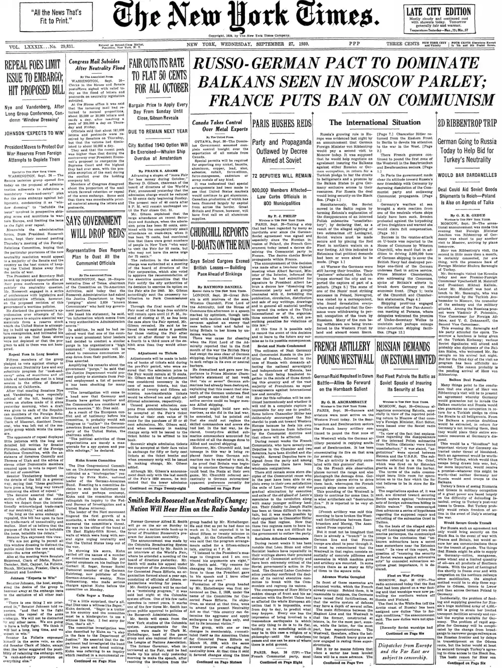 Wednesday, September 27, 1939 – The New York Times Front Page