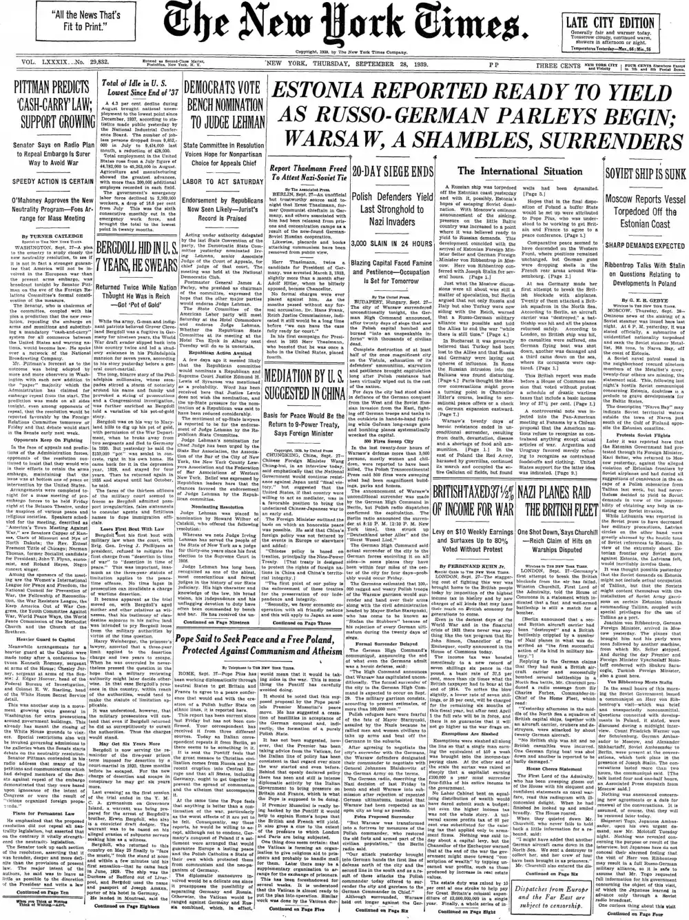 Thursday, September 28, 1939 – The New York Times Front Page