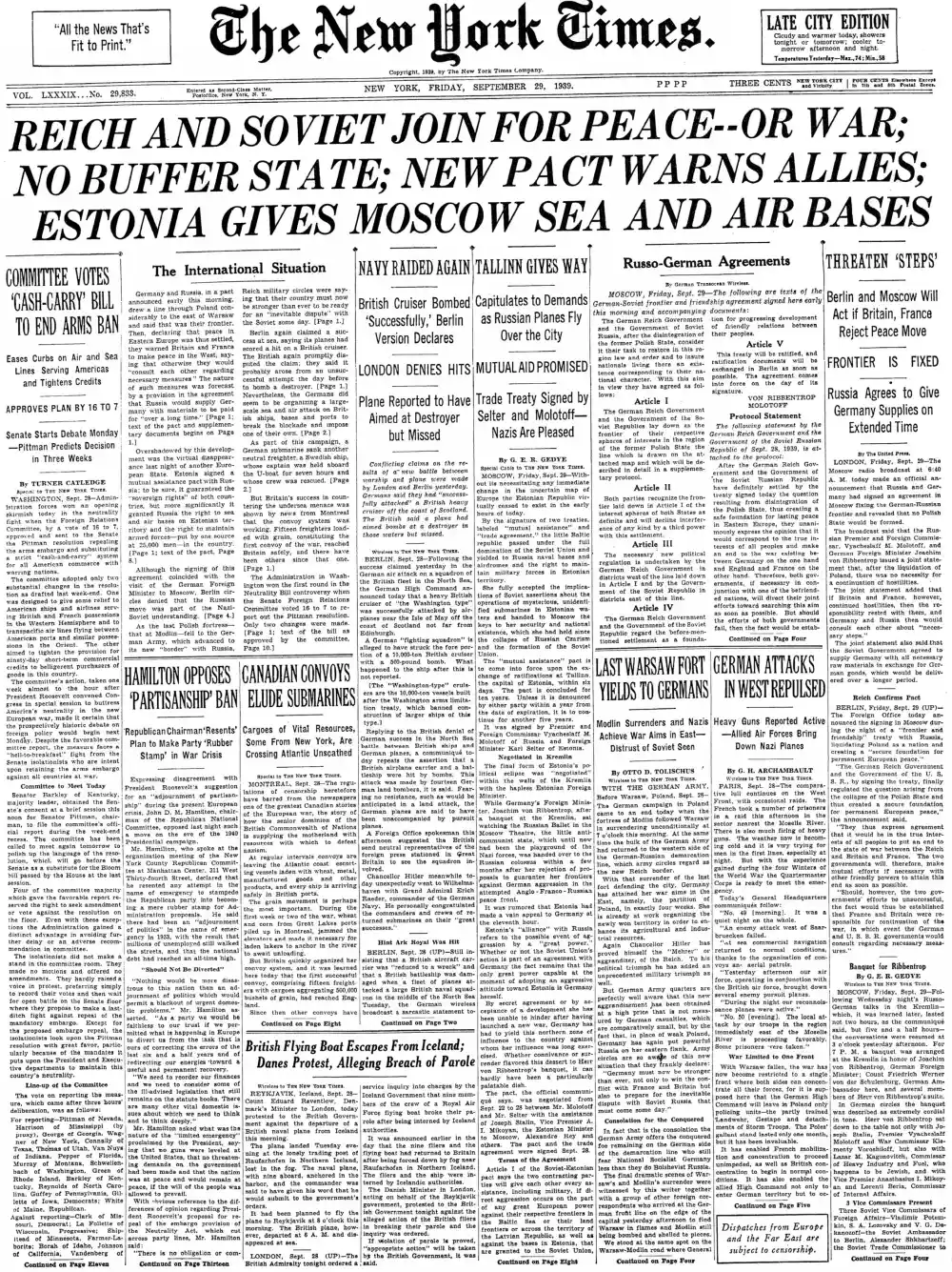 Friday, September 29, 1939 – The New York Times Front Page