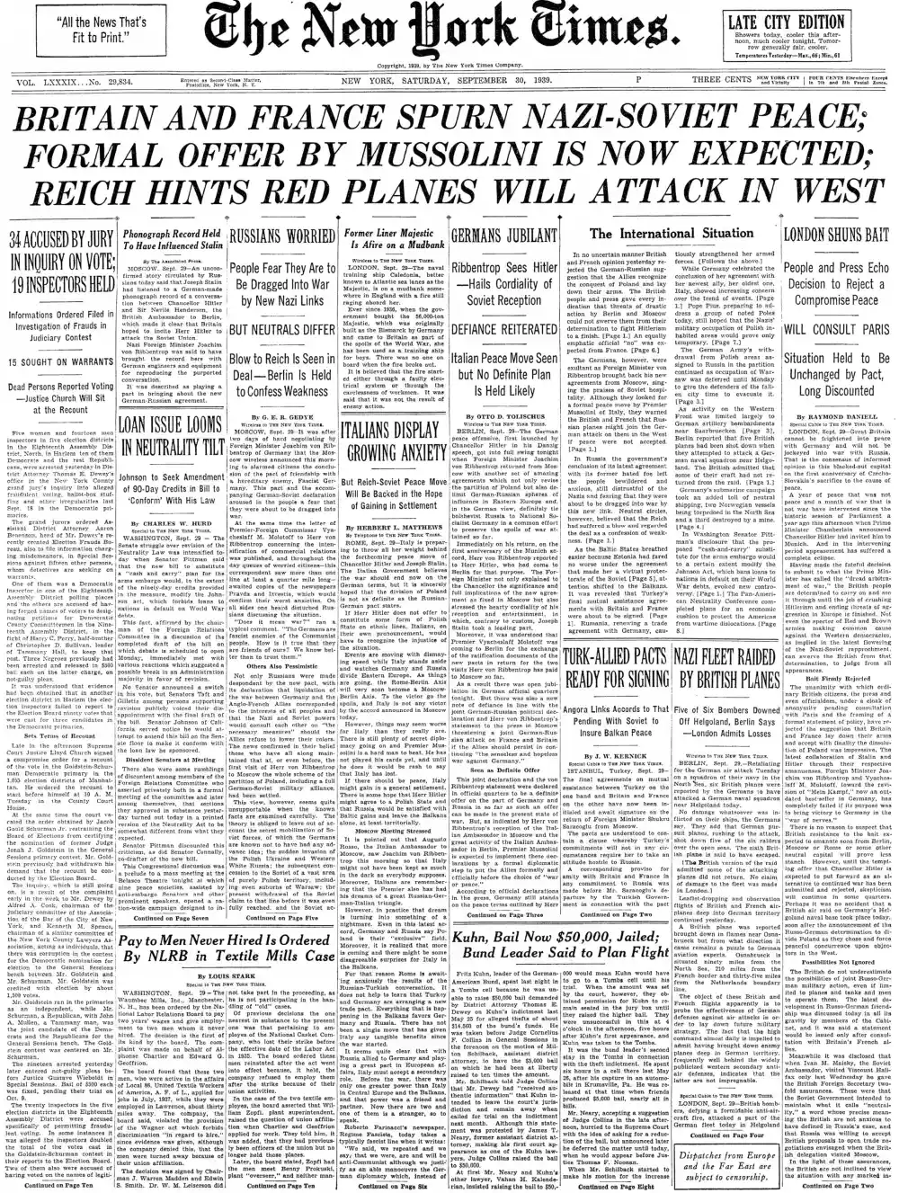 Saturday, September 30, 1939 – The New York Times Front Page