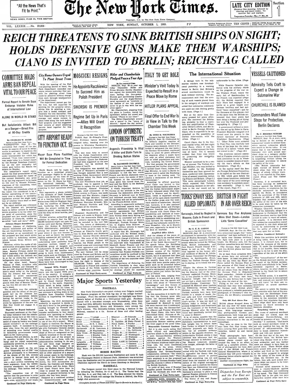 Sunday, October 1, 1939 – The New York Times Front Page
