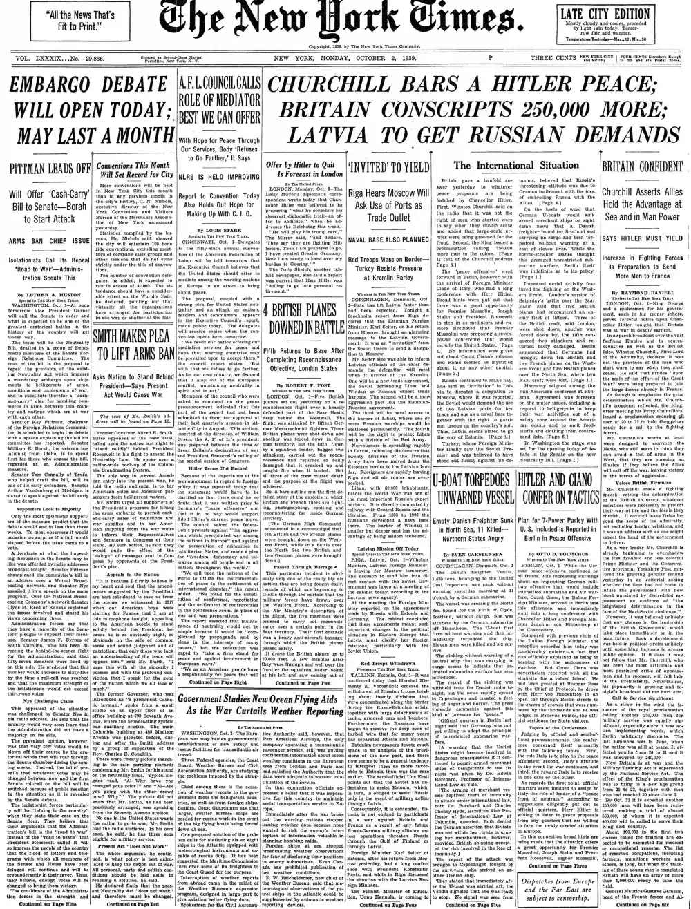 Monday, October 2, 1939 – The New York Times Front Page