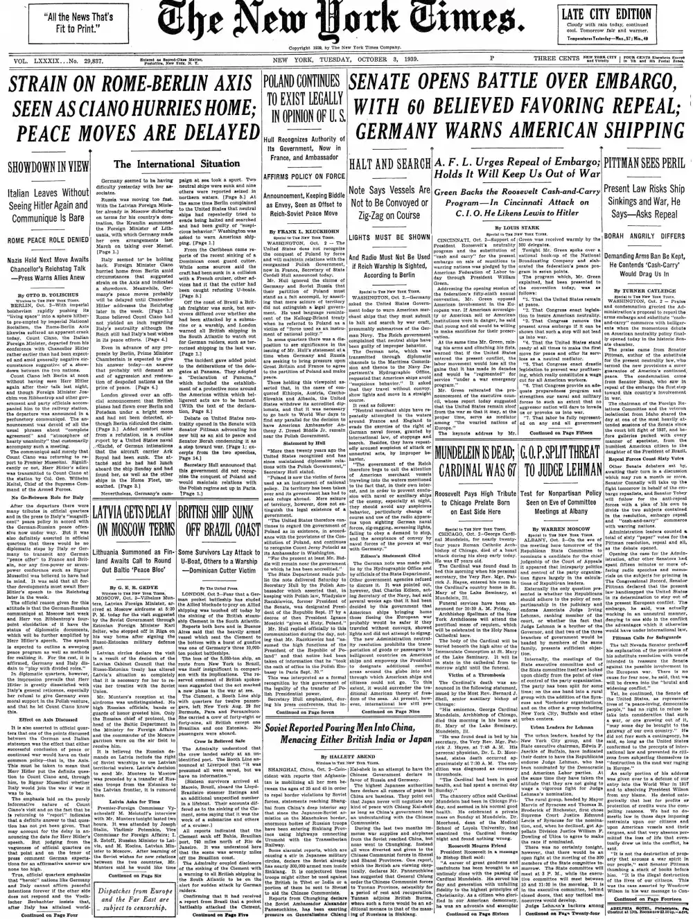 Tuesday, October 3, 1939 – The New York Times Front Page