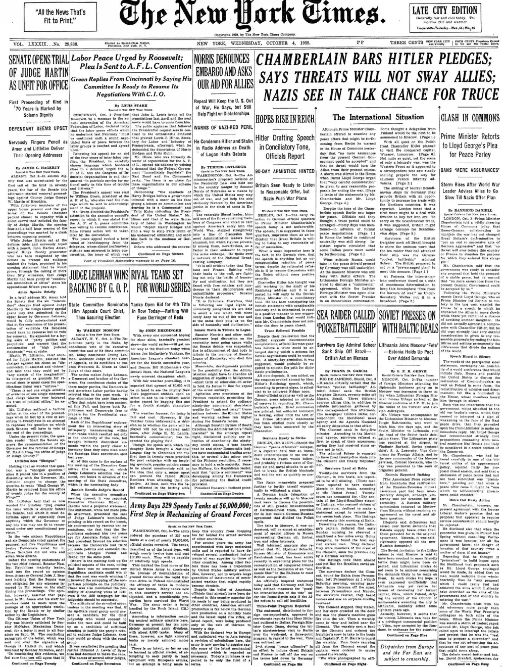 Wednesday, October 4, 1939 – The New York Times Front Page
