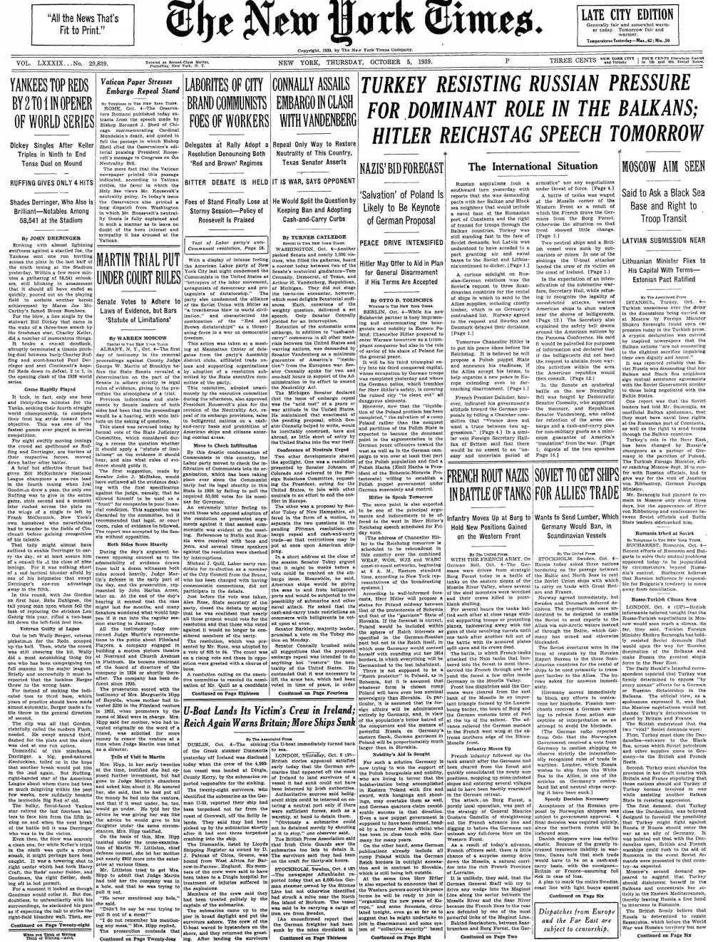 Thursday, October 5, 1939 – The New York Times Front Page