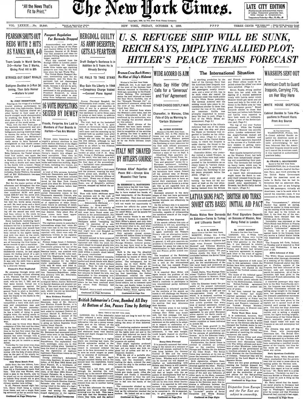 Friday, October 6, 1939 – The New York Times Front Page