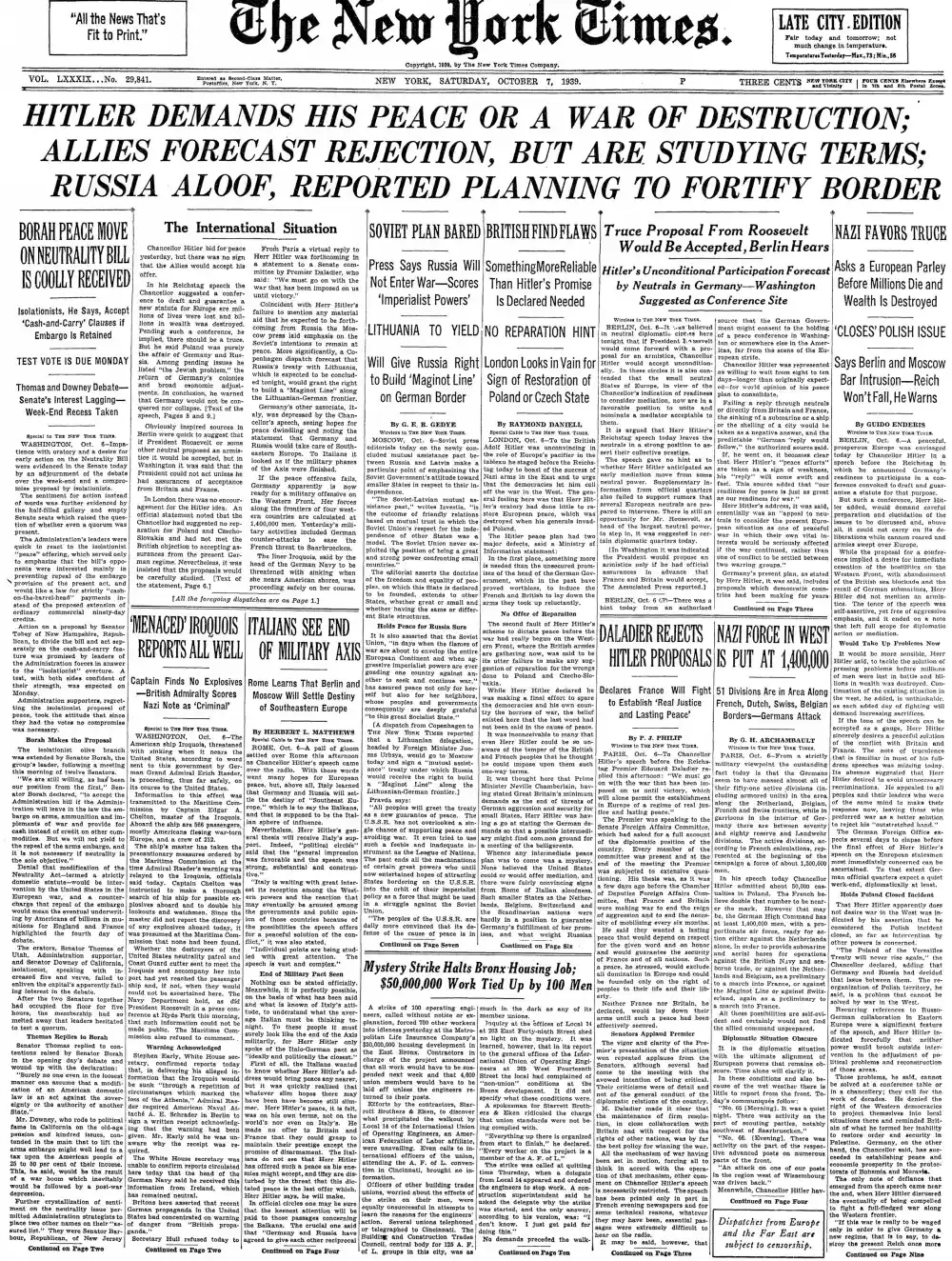 Saturday, October 7, 1939 – The New York Times Front Page