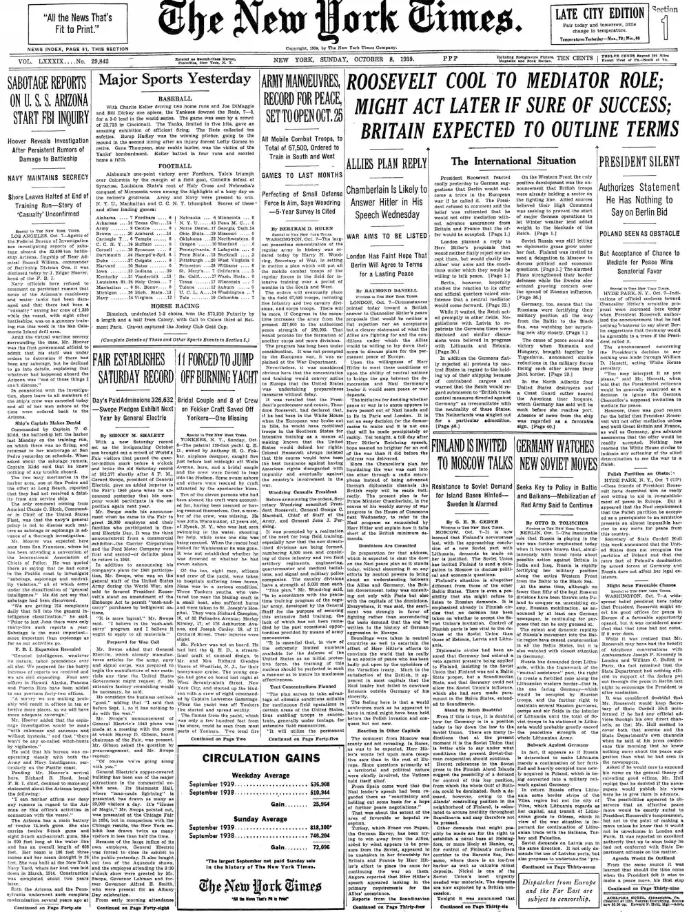 Sunday, October 8, 1939 – The New York Times Front Page