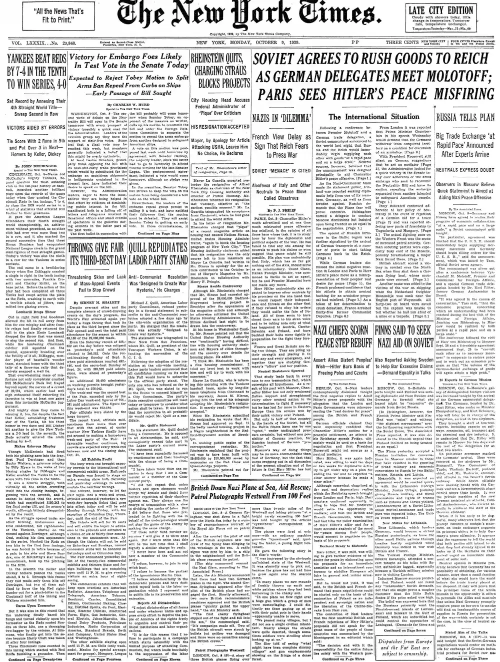 Monday, October 9, 1939 – The New York Times Front Page