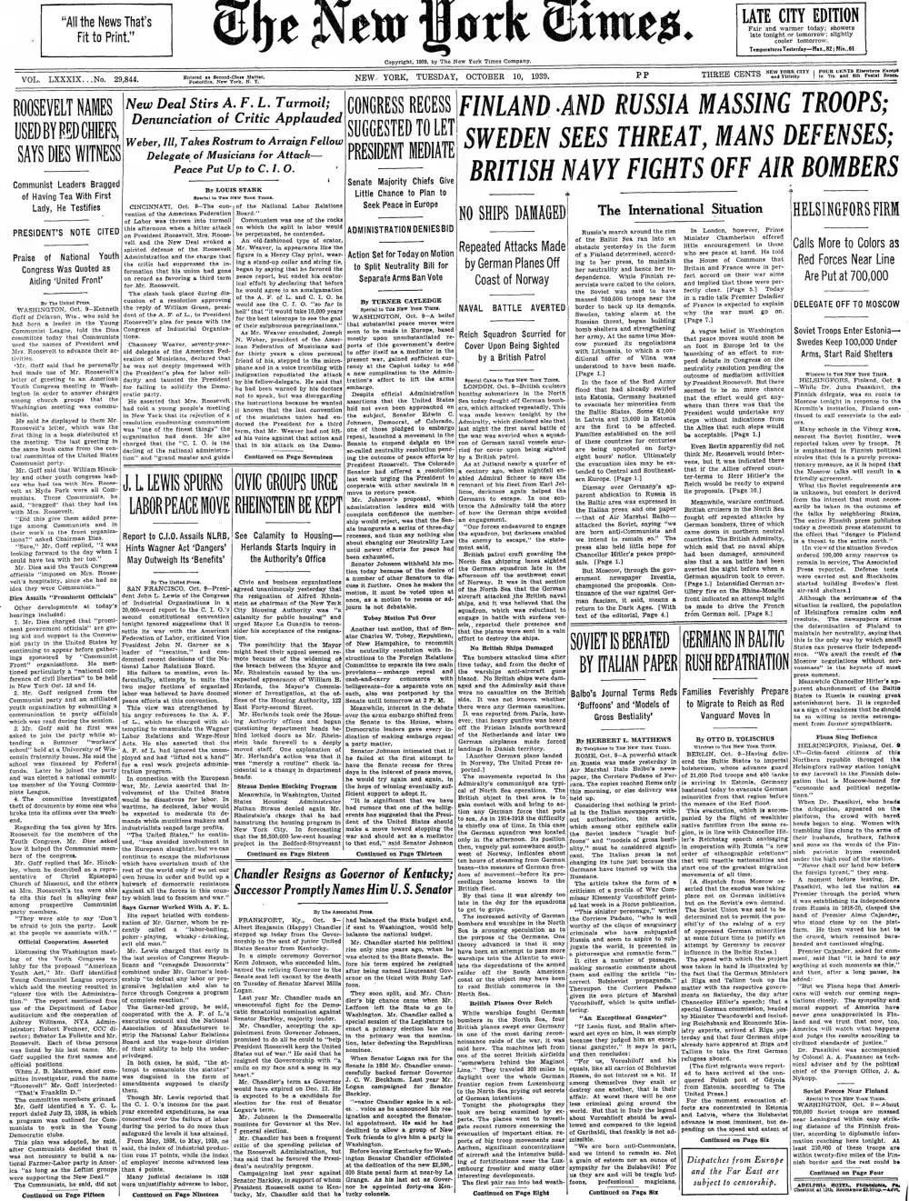 Tuesday, October 10, 1939 – The New York Times Front Page