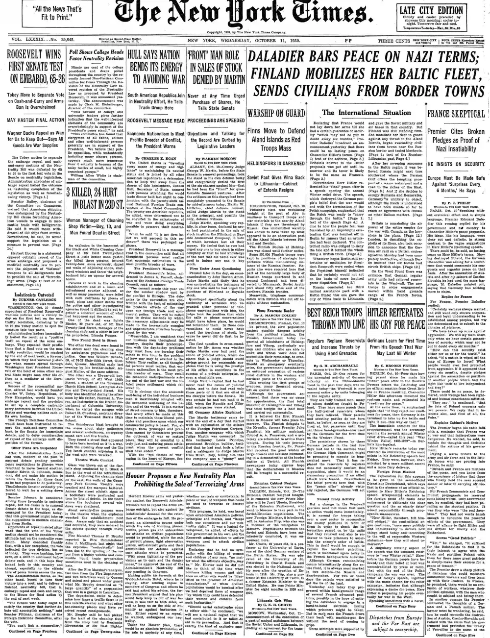 Wednesday, October 11, 1939 – The New York Times Front Page
