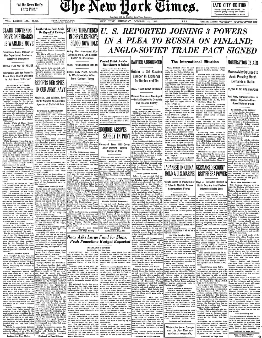 Thursday, October 12, 1939 – The New York Times Front Page