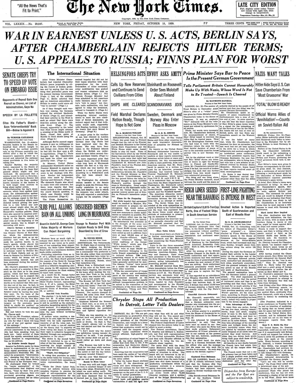 Friday, October 13, 1939 – The New York Times Front Page