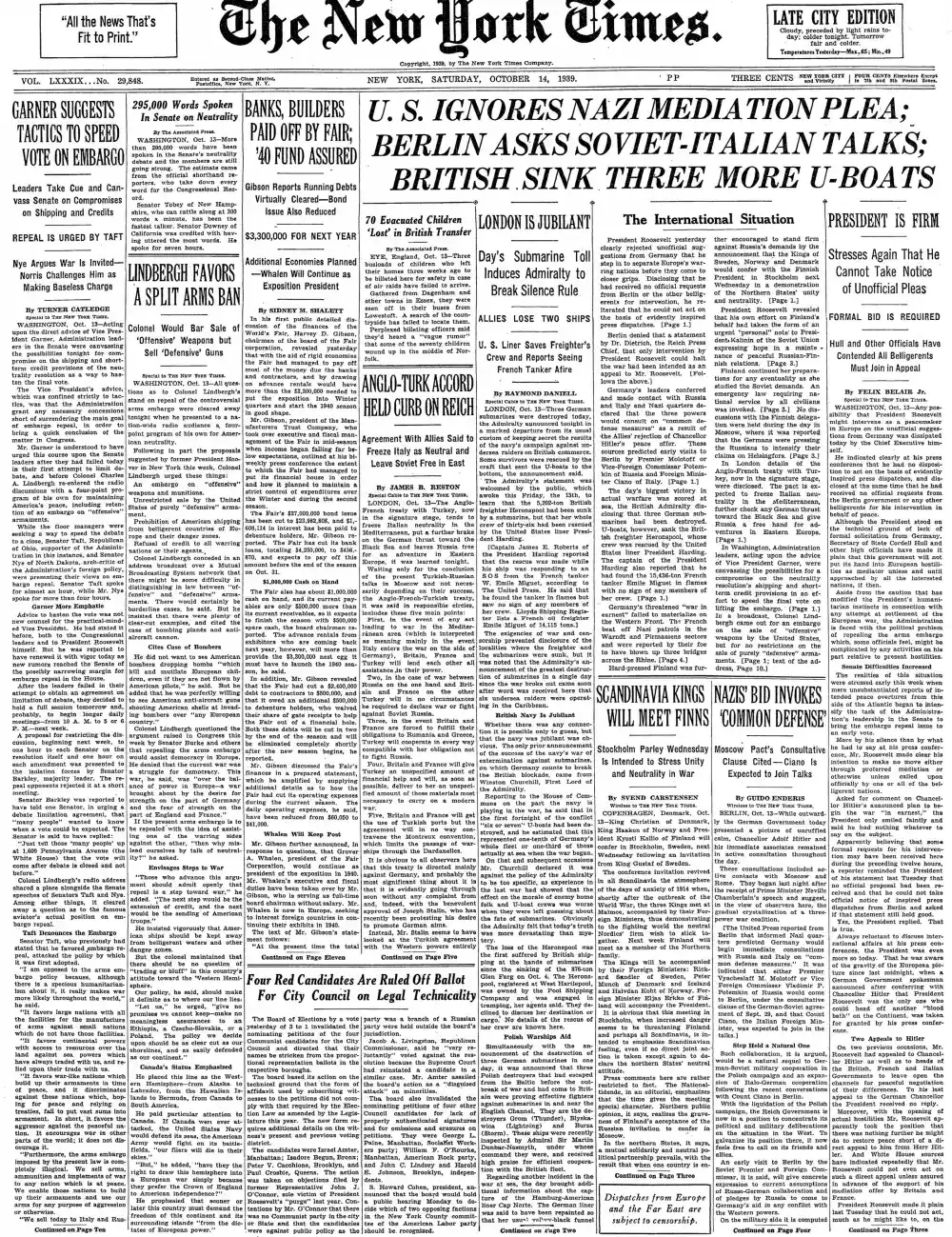 Saturday, October 14, 1939 – The New York Times Front Page