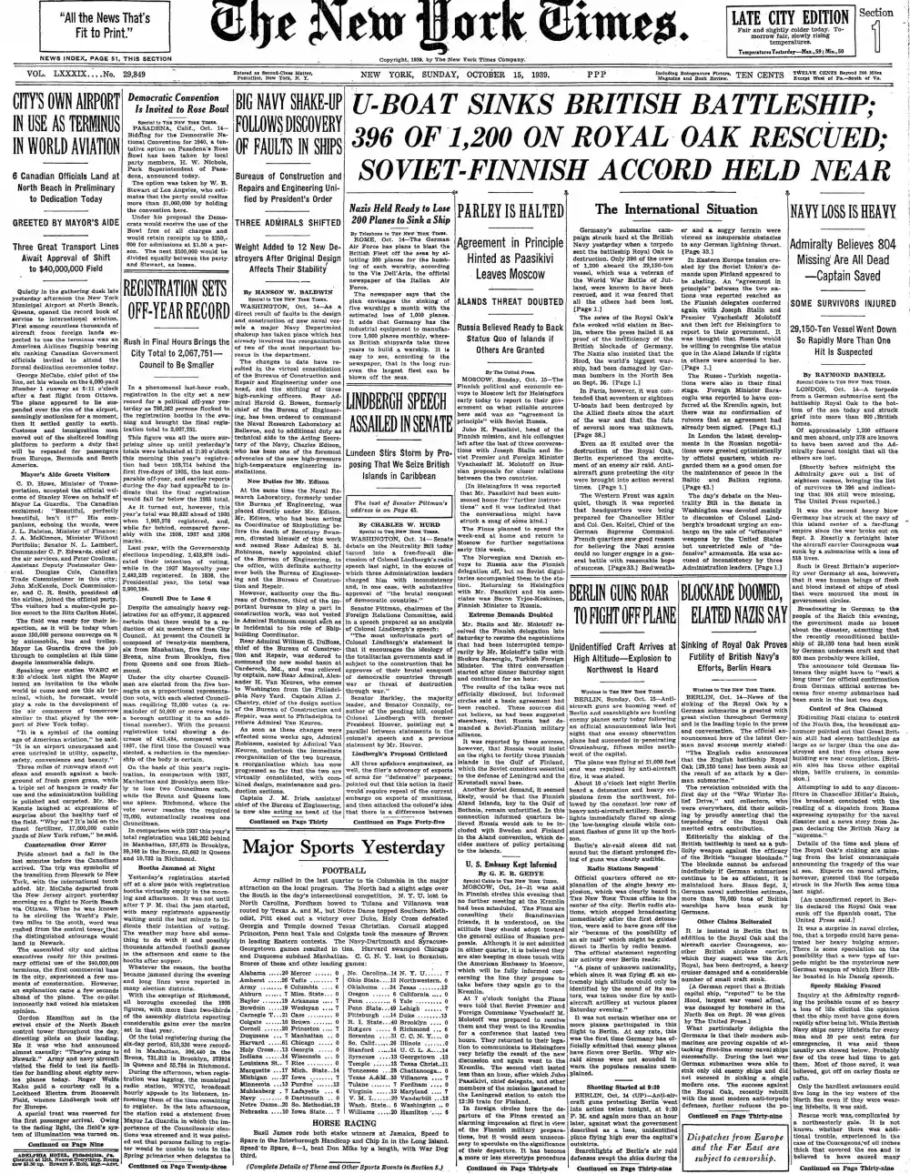 Sunday, October 15, 1939 – The New York Times Front Page