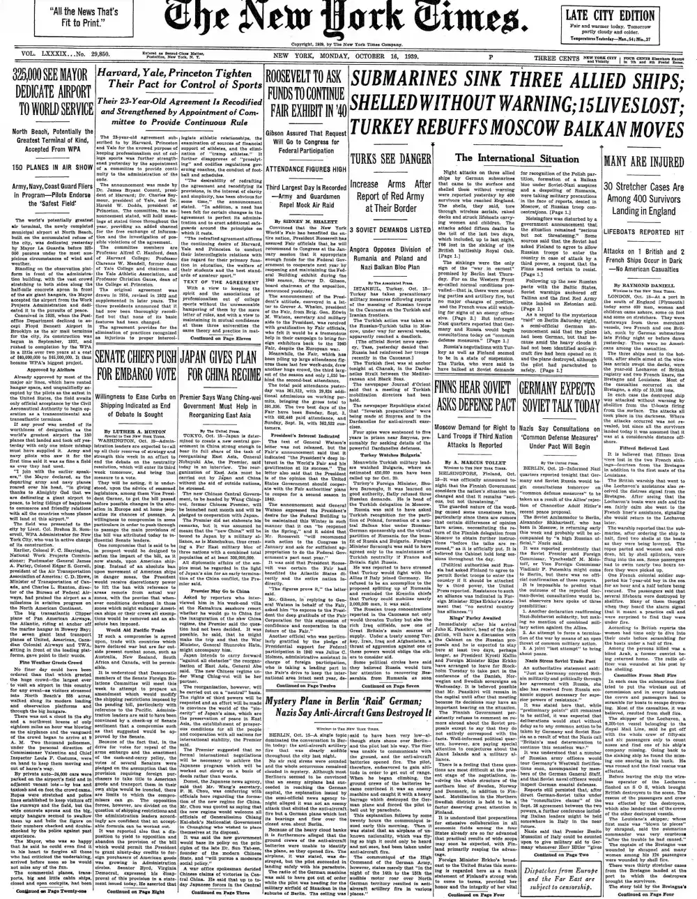 Monday, October 16, 1939 – The New York Times Front Page