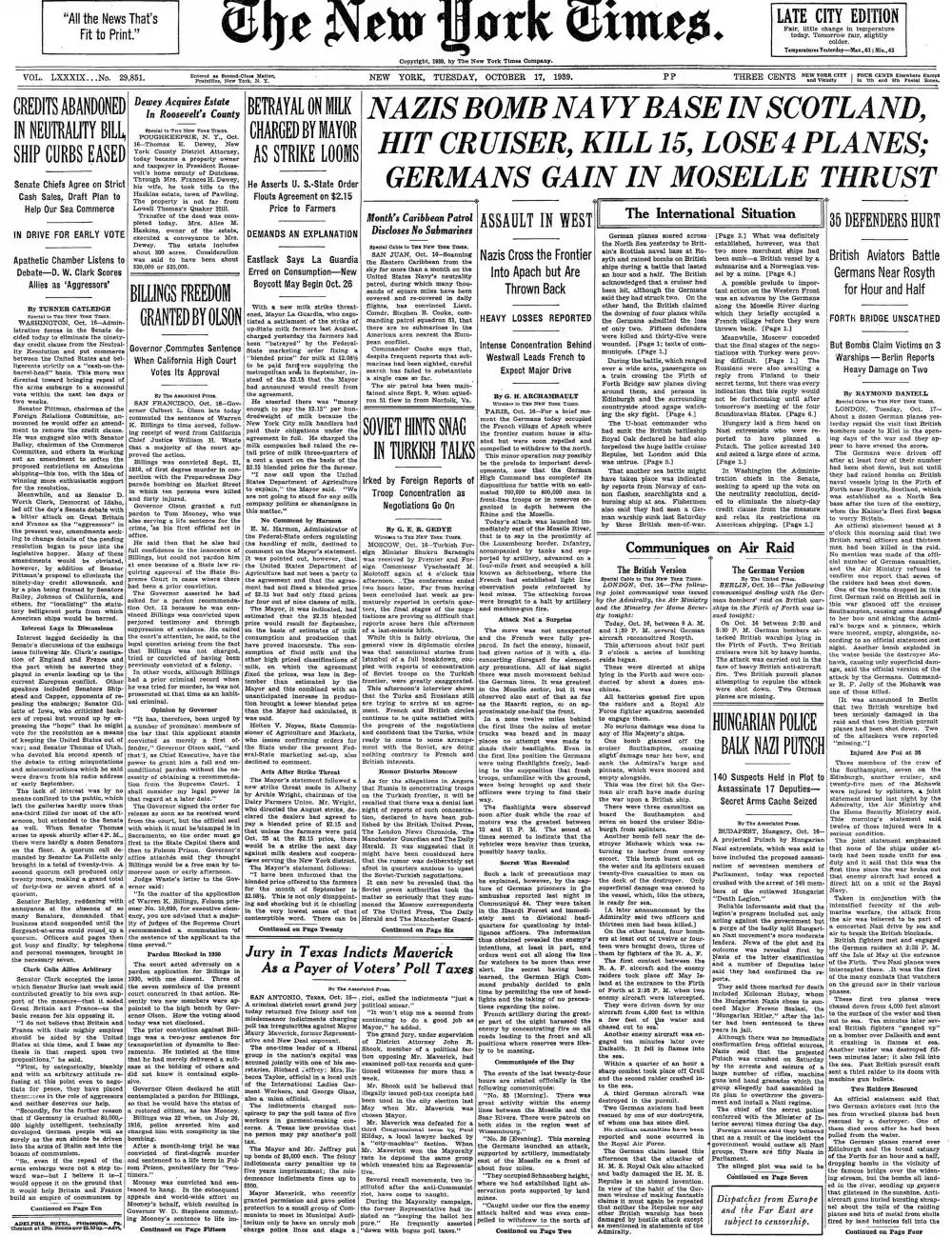 Tuesday, October 17, 1939 – The New York Times Front Page