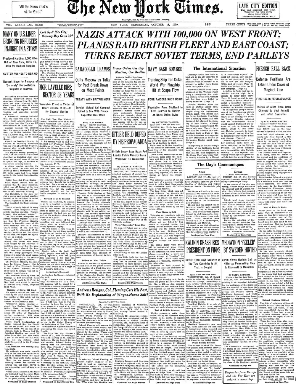 Wednesday, October 18, 1939 – The New York Times Front Page