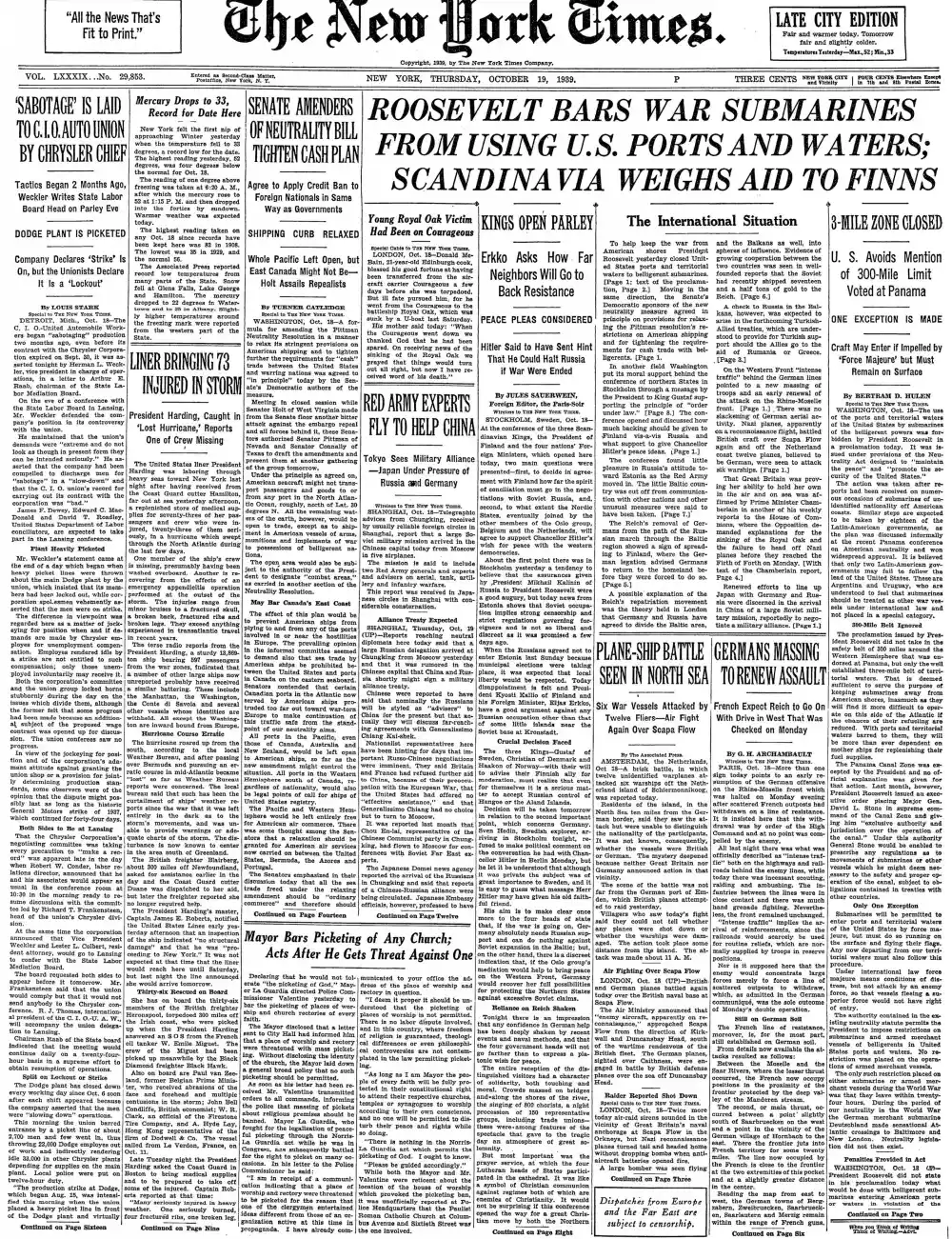 Thursday, October 19, 1939 – The New York Times Front Page