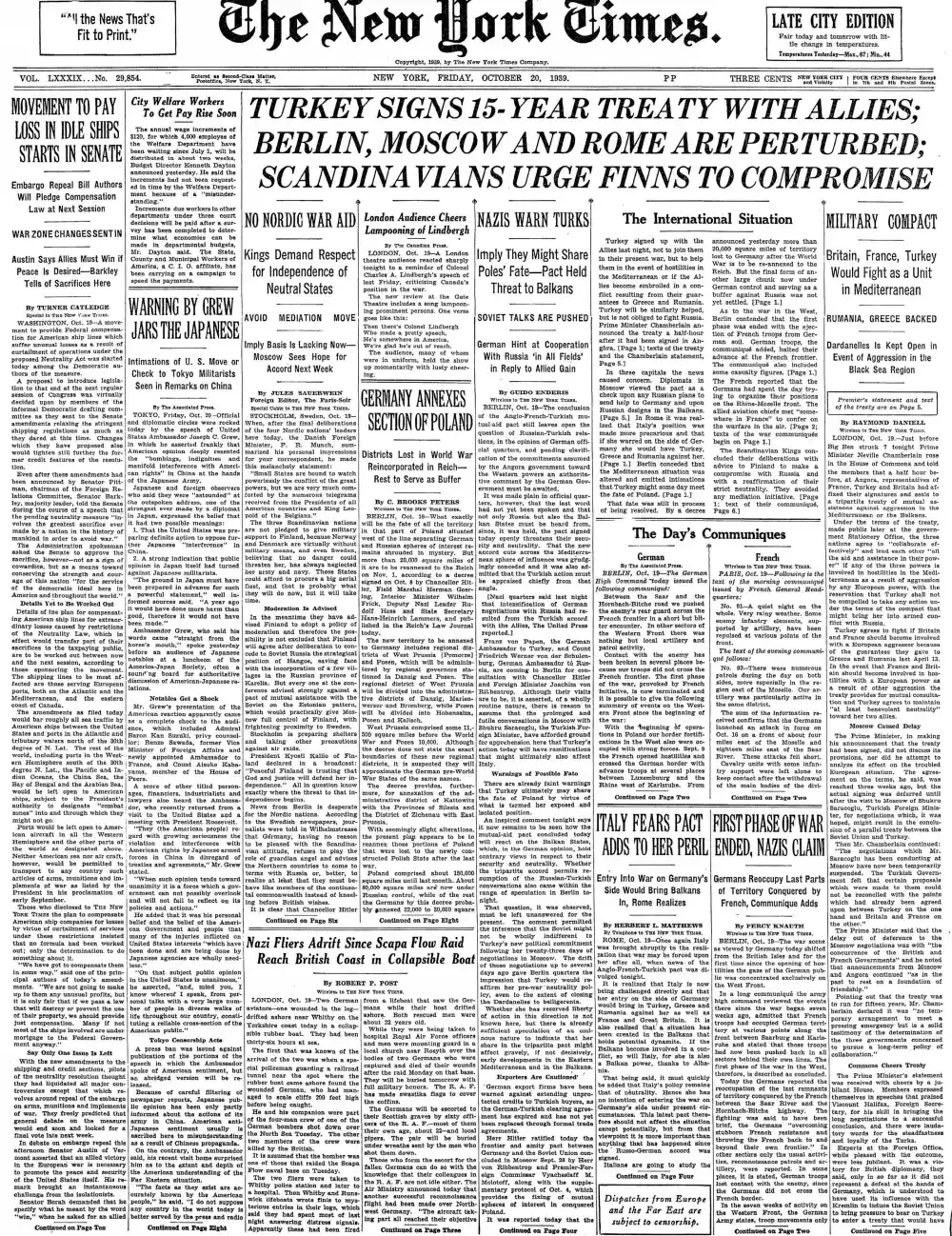 Friday, October 20, 1939 – The New York Times Front Page
