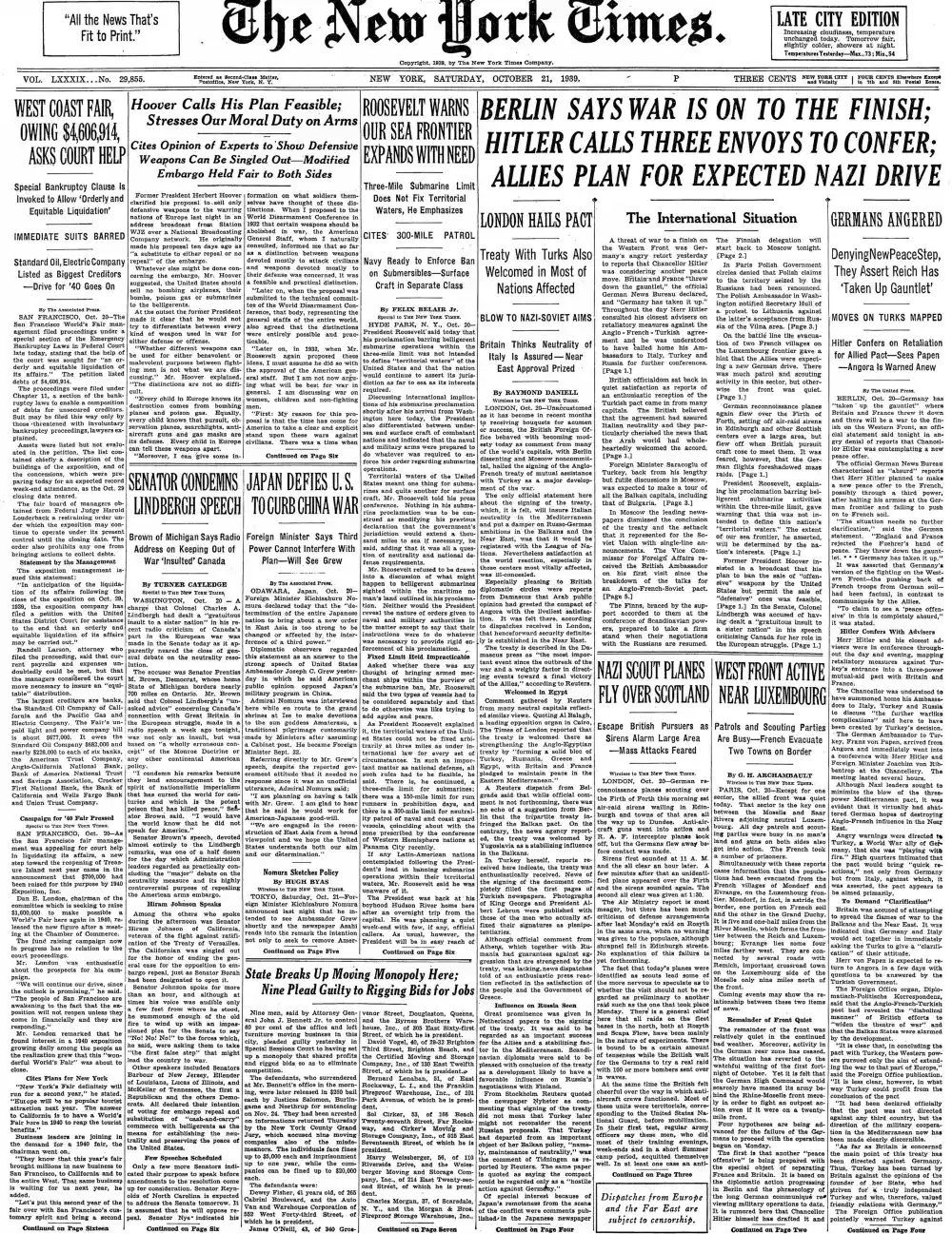 Saturday, October 21, 1939 – The New York Times Front Page