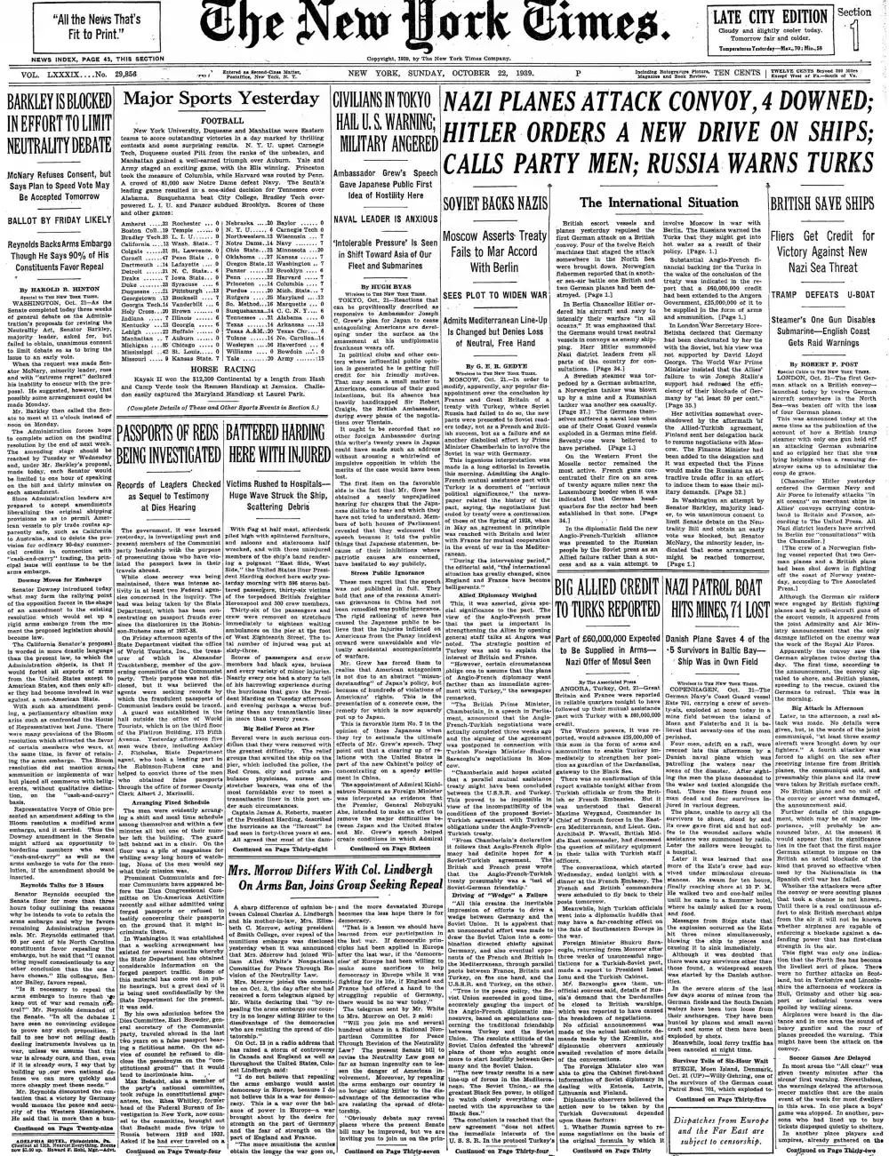 Sunday, October 22, 1939 – The New York Times Front Page