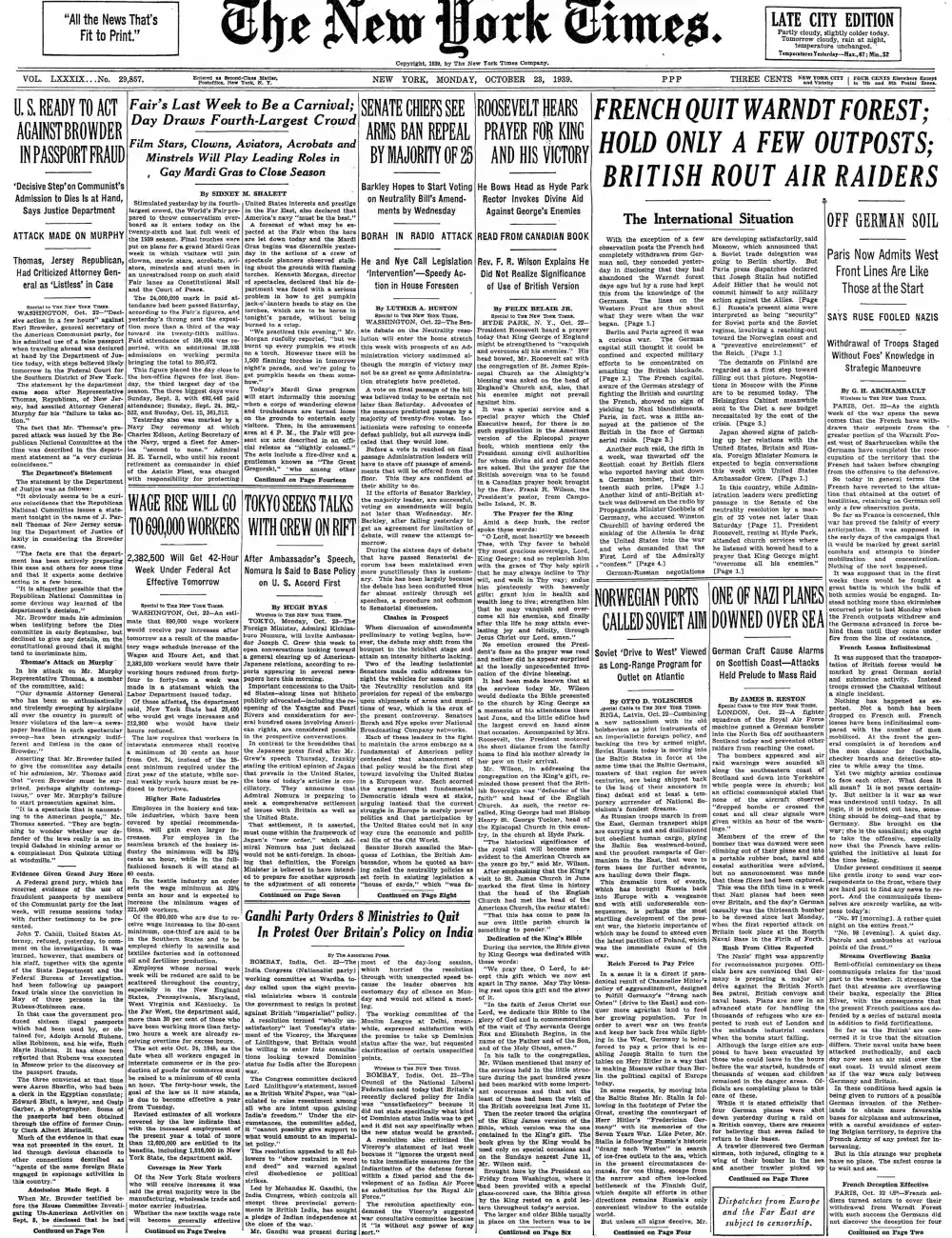 Monday, October 23, 1939 – The New York Times Front Page