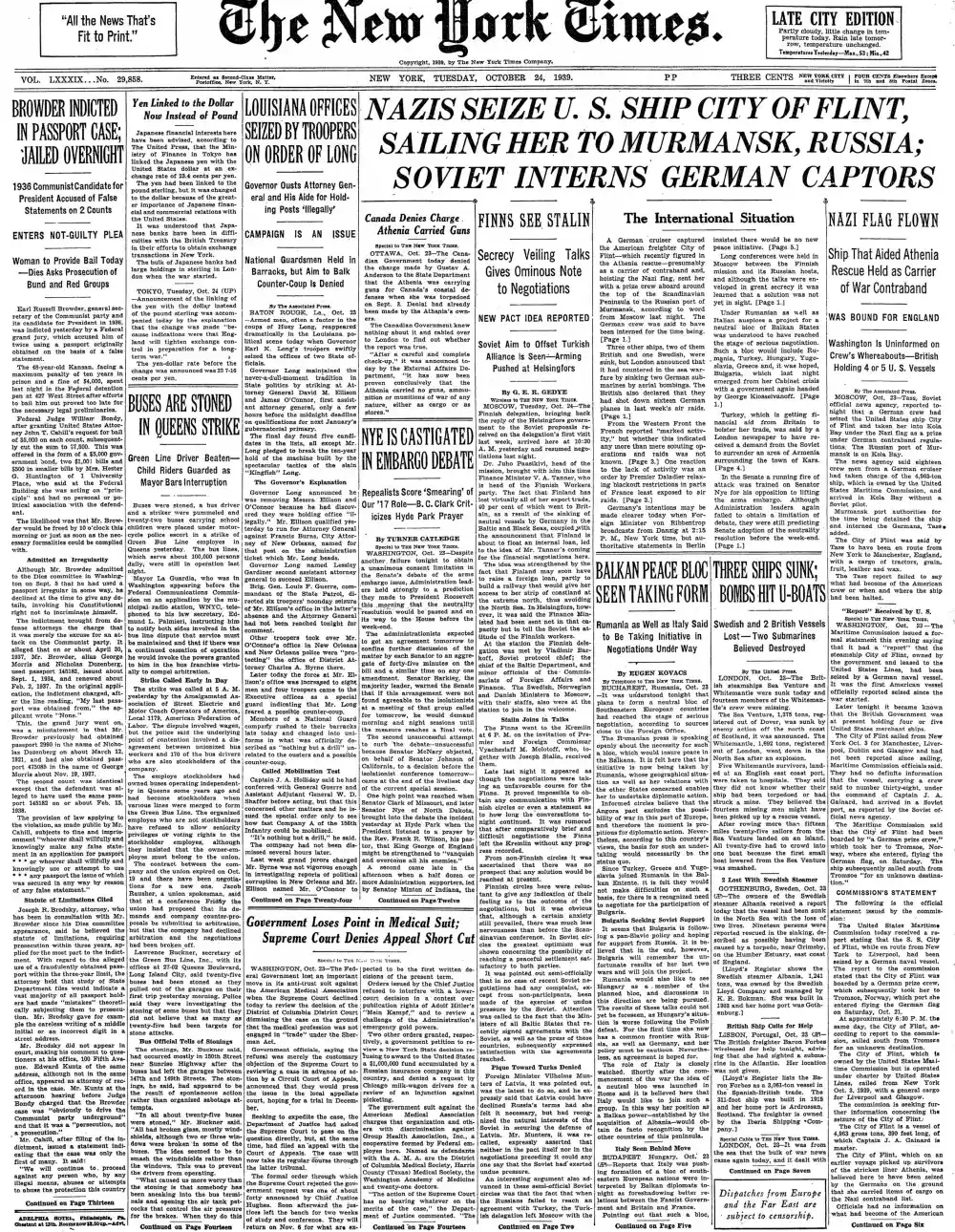 Tuesday, October 24, 1939 – The New York Times Front Page