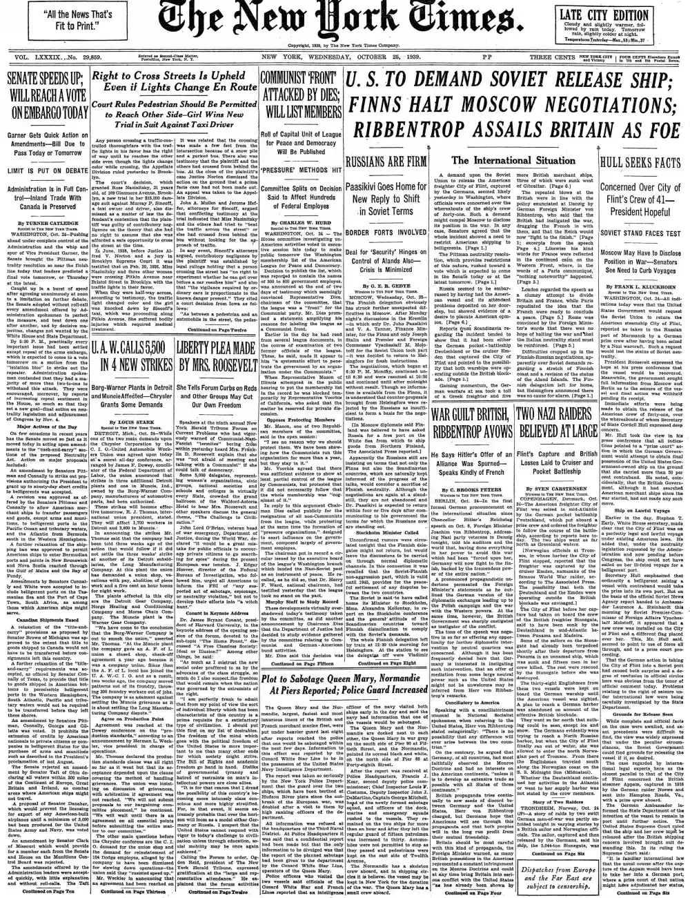 Wednesday, October 25, 1939 – The New York Times Front Page