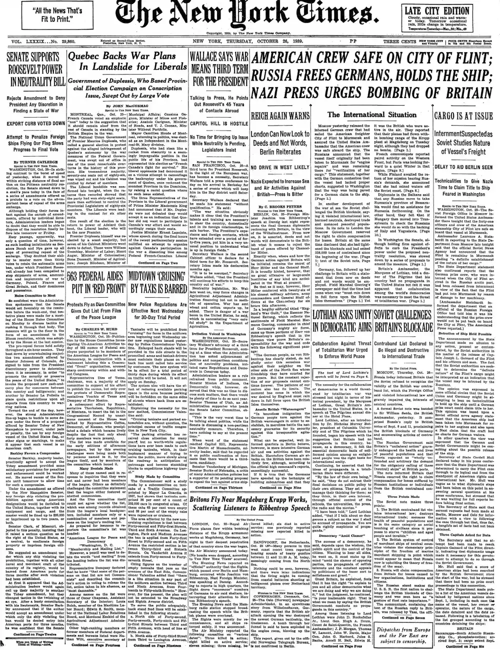 Thursday, October 26, 1939 – The New York Times Front Page
