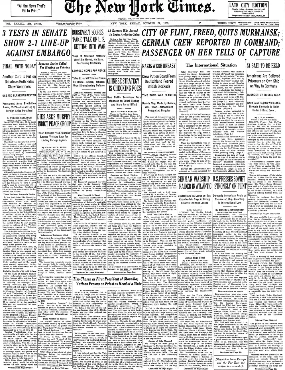 Friday, October 27, 1939 – The New York Times Front Page